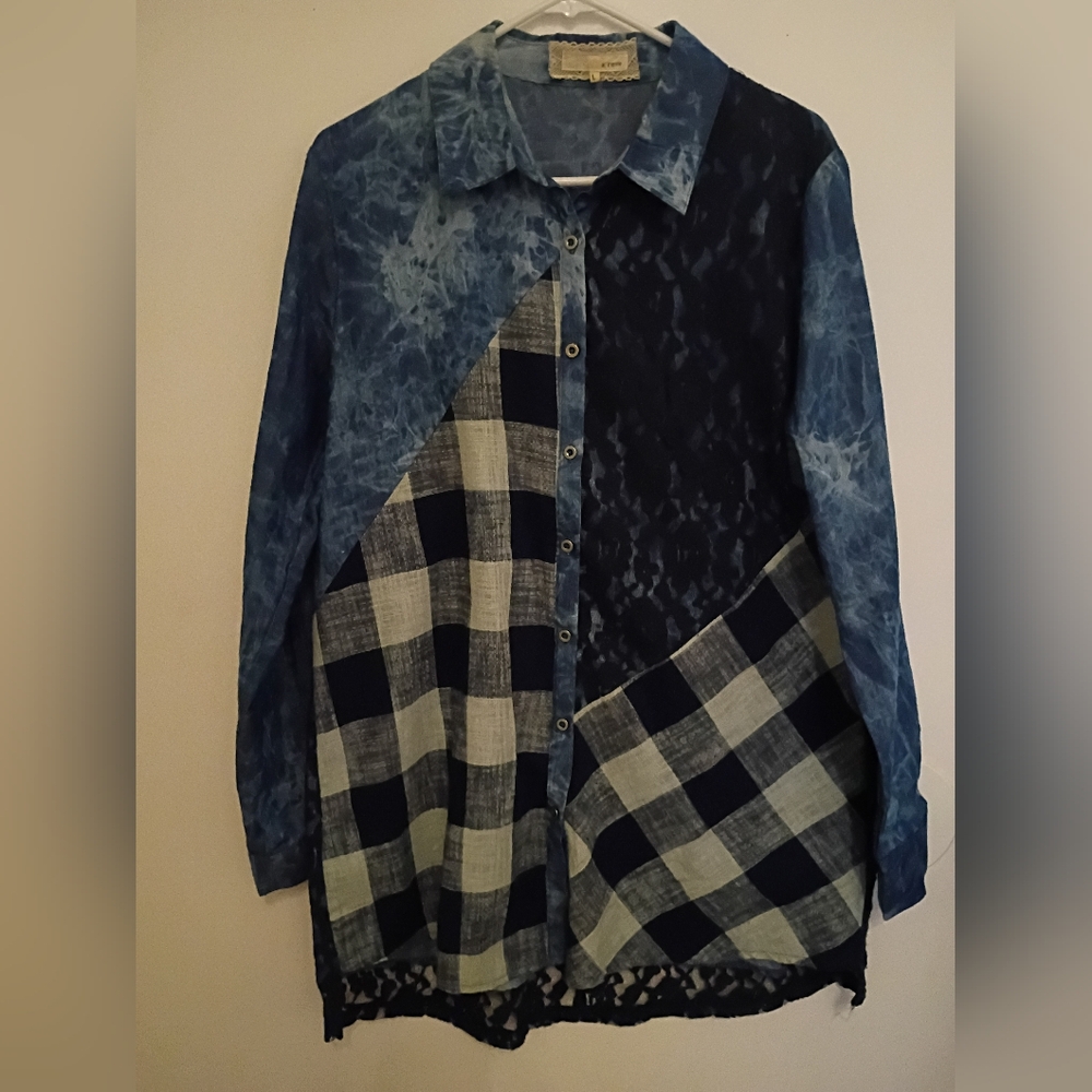 A'reve‎ Patchwork Women's Top Cotton Blend Sz L